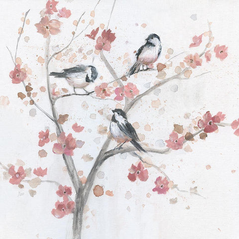 Chickadees In Spring I White Modern Wood Framed Art Print with Double Matting by Nan