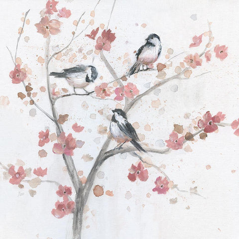 Chickadees In Spring I Black Modern Wood Framed Art Print with Double Matting by Nan