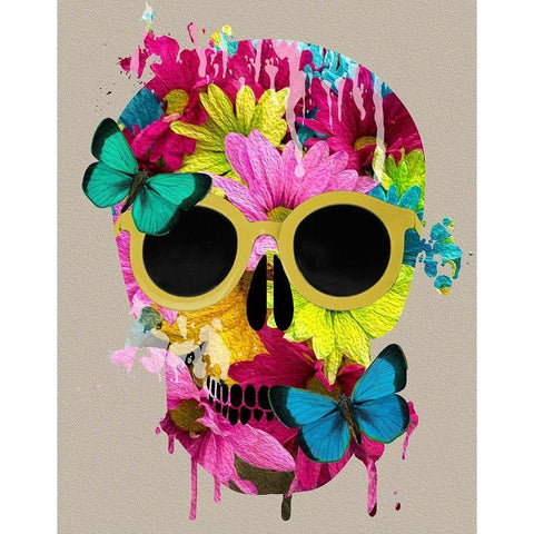 Floral Skull Gold Ornate Wood Framed Art Print with Double Matting by Santiago, Daniela