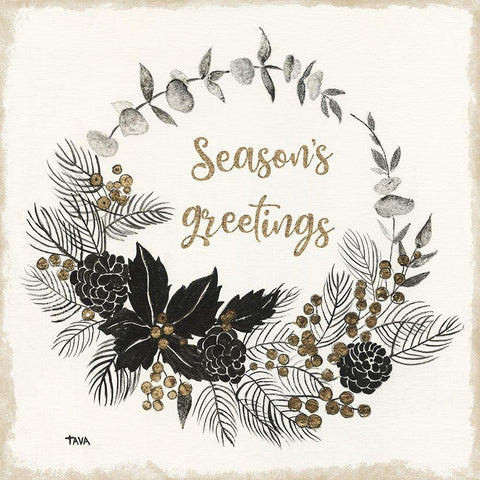 Seasons Greetings Black Ornate Wood Framed Art Print with Double Matting by Tava Studios