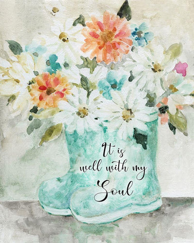 Daisy Wellies Bouquet White Modern Wood Framed Art Print with Double Matting by Robinson, Carol