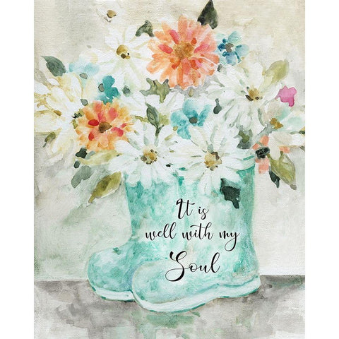 Daisy Wellies Bouquet Black Modern Wood Framed Art Print with Double Matting by Robinson, Carol