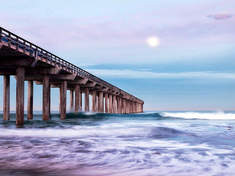 Moon Setting Over Scripps Pier Black Ornate Wood Framed Art Print with Double Matting by Collins, Ann