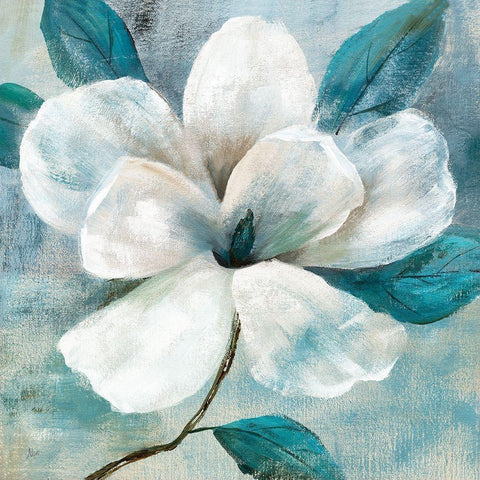 Teal Magnolia I Black Modern Wood Framed Art Print with Double Matting by Nan