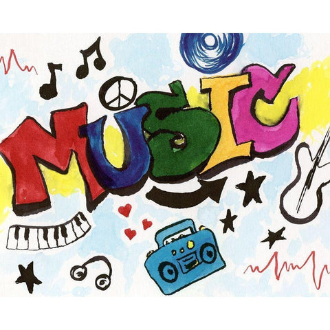 Music Graffiti Black Modern Wood Framed Art Print by Craven, Katrina