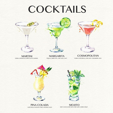 Cocktail Chart White Modern Wood Framed Art Print with Double Matting by Jill, Susan