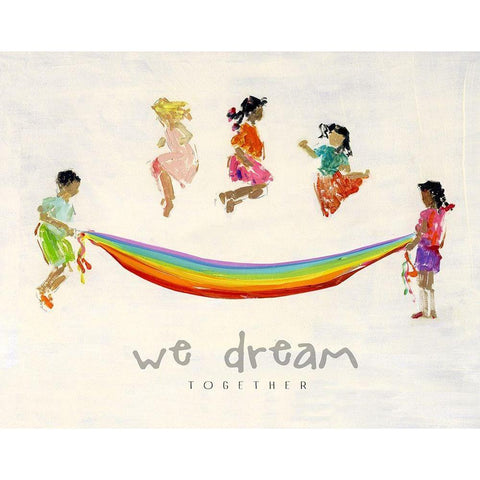 Rainbow Kids We Dream White Modern Wood Framed Art Print by Swatland, Sally