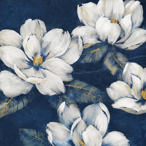 Magnolias Indigo White Modern Wood Framed Art Print with Double Matting by Nan