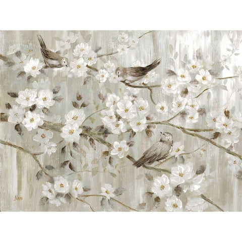 Neutral Spring Birds Black Modern Wood Framed Art Print with Double Matting by Nan