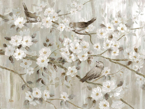 Neutral Spring Birds White Modern Wood Framed Art Print with Double Matting by Nan