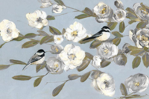 Chickadees and Blossoms I White Modern Wood Framed Art Print with Double Matting by Swatland, Sally