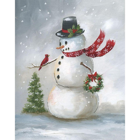 Snowman and Cardinal II Gold Ornate Wood Framed Art Print with Double Matting by Nan