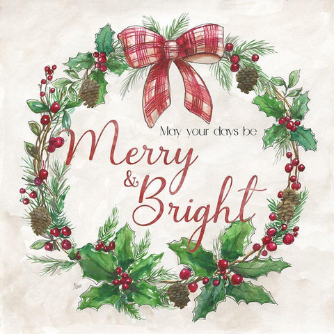Merry And Bright Wreath Black Ornate Wood Framed Art Print with Double Matting by Nan