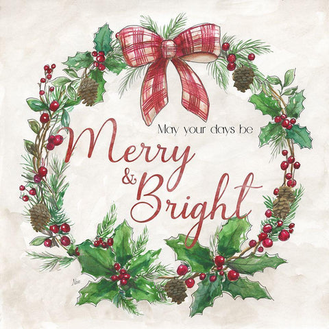 Merry And Bright Wreath Black Modern Wood Framed Art Print by Nan