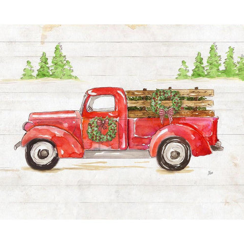 Watercolor Winter Truck Gold Ornate Wood Framed Art Print with Double Matting by Nan