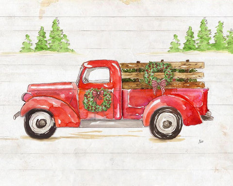Watercolor Winter Truck White Modern Wood Framed Art Print with Double Matting by Nan