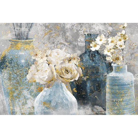 Vessels and Blooms Blues Gold Ornate Wood Framed Art Print with Double Matting by Nan