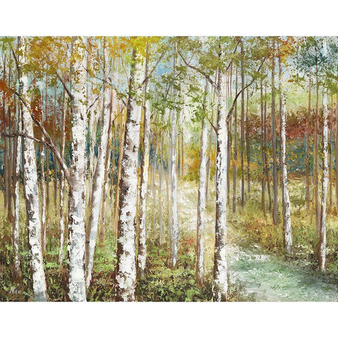 Warm Spice Birch Path White Modern Wood Framed Art Print by Nan