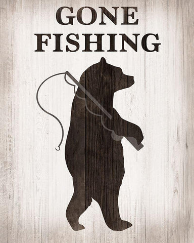 Bear Gone Fishing White Modern Wood Framed Art Print with Double Matting by CAD Designs