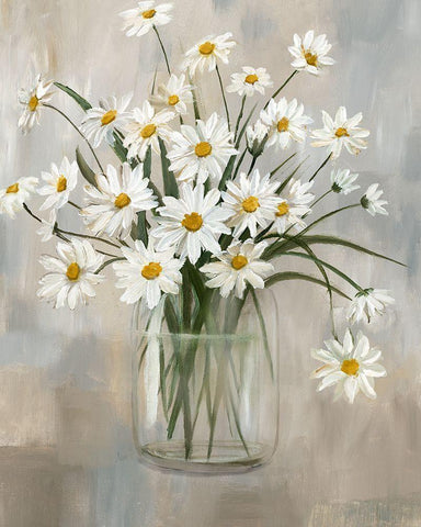 Daisy Cluster White Modern Wood Framed Art Print with Double Matting by Nan