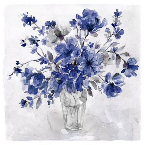 Indigo Bouquet White Modern Wood Framed Art Print with Double Matting by Robinson, Carol