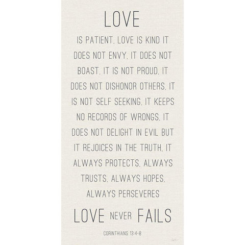 Love Never Fails Black Modern Wood Framed Art Print by Carpentieri, Natalie