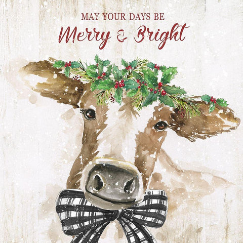Merry and Bright Cow Black Modern Wood Framed Art Print with Double Matting by Nan