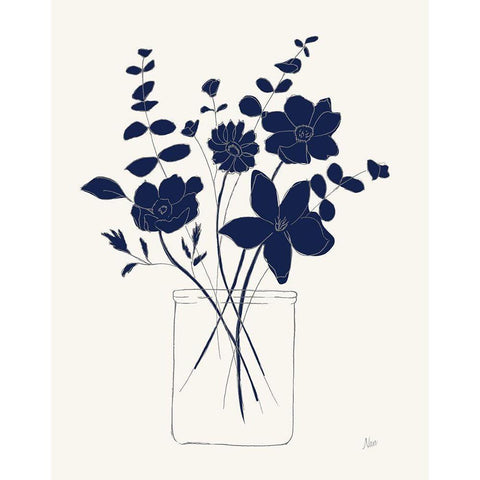 Indigo Sketch Bouquet I White Modern Wood Framed Art Print by Nan