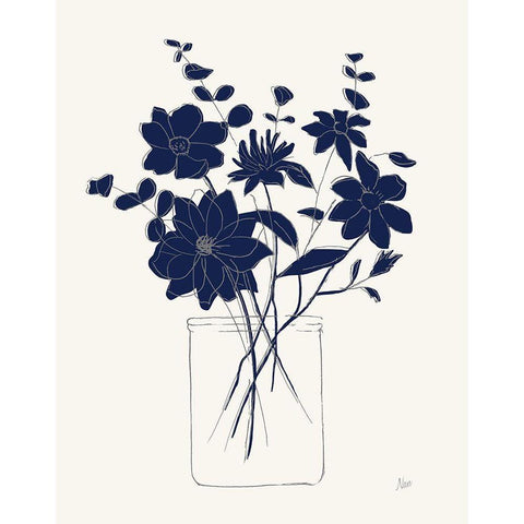 Indigo Sketch Bouquet II Black Modern Wood Framed Art Print with Double Matting by Nan