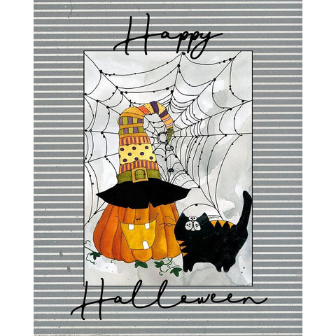 Happy Halloween Pumpkin Gold Ornate Wood Framed Art Print with Double Matting by Robinson, Carol