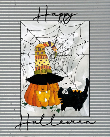 Happy Halloween Pumpkin White Modern Wood Framed Art Print with Double Matting by Robinson, Carol