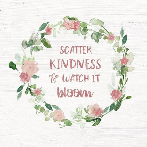 Blush Floral Kindness Wreath Black Modern Wood Framed Art Print with Double Matting by Robinson, Carol