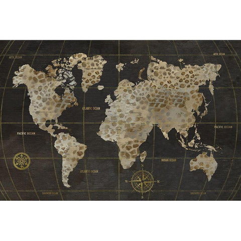 Safari World Map Black Modern Wood Framed Art Print with Double Matting by Nan
