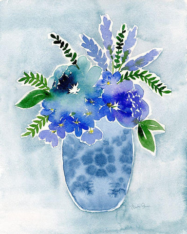 Blue Bouquet I White Modern Wood Framed Art Print with Double Matting by Gunn, Kourtni