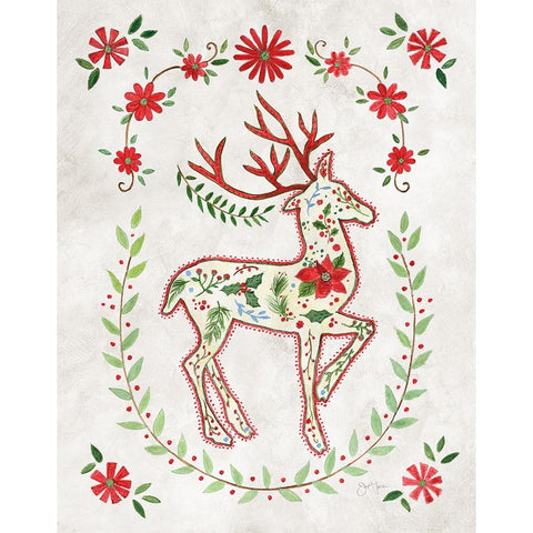 Christmas Folk Reindeer Gold Ornate Wood Framed Art Print with Double Matting by Tava Studios