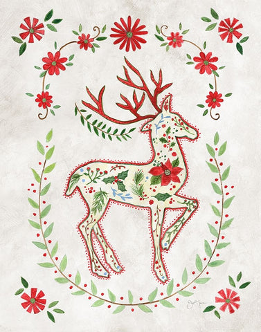 Christmas Folk Reindeer White Modern Wood Framed Art Print with Double Matting by Tava Studios