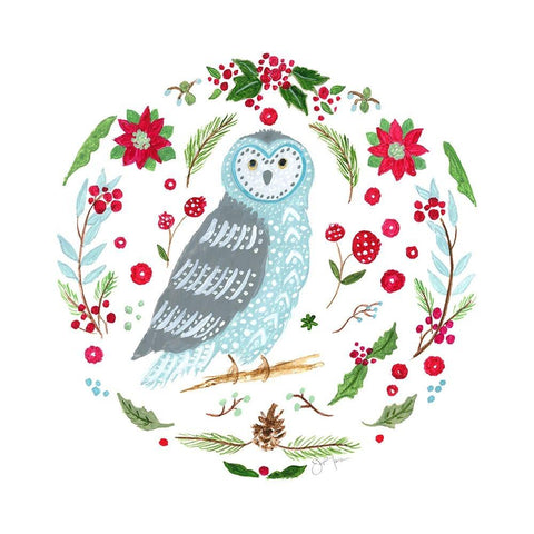 Christmas Folk Owl White Modern Wood Framed Art Print by Tava Studios