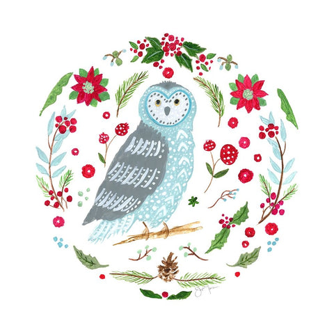 Christmas Folk Owl White Modern Wood Framed Art Print with Double Matting by Tava Studios