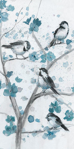 Blue Chickadees I White Modern Wood Framed Art Print with Double Matting by Nan