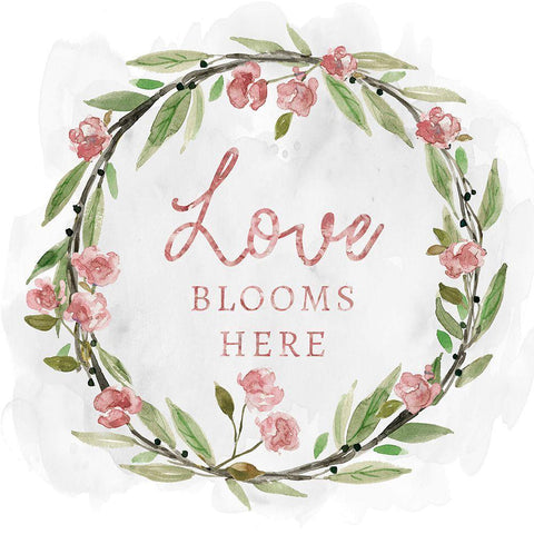 Love Blooms Wreath White Modern Wood Framed Art Print with Double Matting by Robinson, Carol