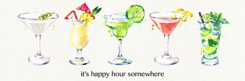 Happy Hour Cocktails Black Ornate Wood Framed Art Print with Double Matting by Jill, Susan