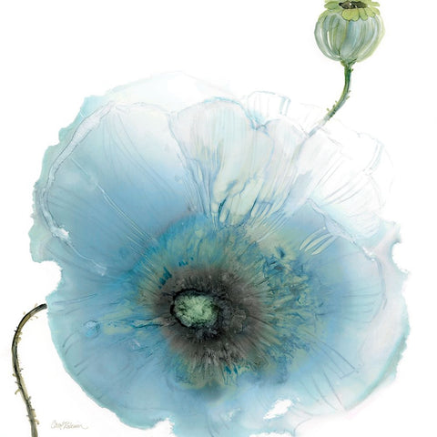 Iridescent Blue Poppy I White Modern Wood Framed Art Print with Double Matting by Robinson, Carol