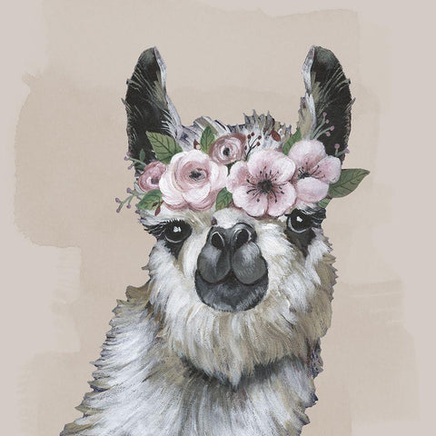 Neutral Llama Flowers Gold Ornate Wood Framed Art Print with Double Matting by Tava Studios