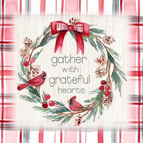 Gather Plaid Cardinal Wreath White Modern Wood Framed Art Print with Double Matting by Brockmon, Kristen