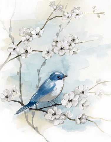 Blossoms and Bluebird I White Modern Wood Framed Art Print with Double Matting by Nan