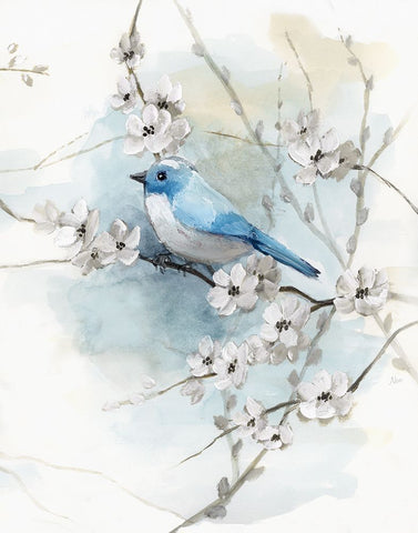 Blossoms and Bluebird II White Modern Wood Framed Art Print with Double Matting by Nan