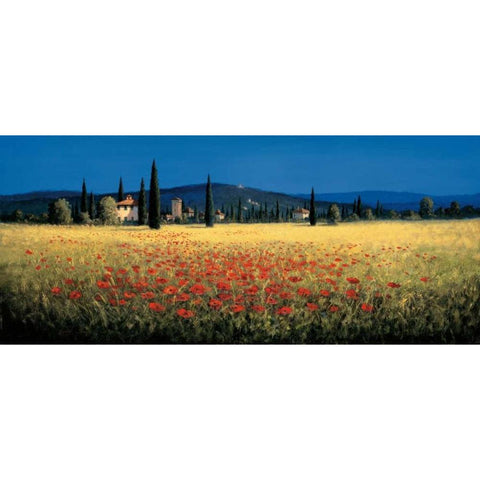 Tuscan Panorama - Poppies Black Modern Wood Framed Art Print with Double Matting by Short, David