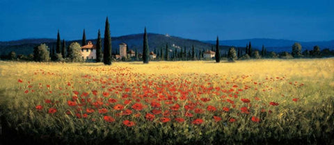 Tuscan Panorama - Poppies Black Ornate Wood Framed Art Print with Double Matting by Short, David