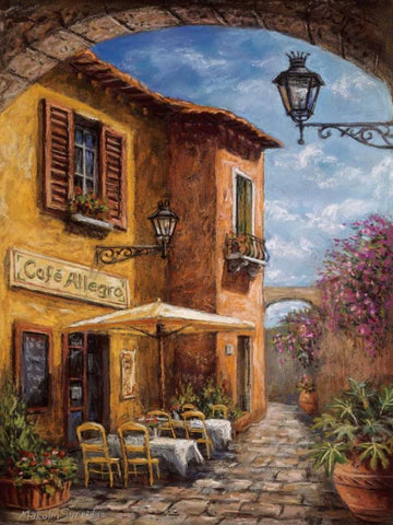 Courtyard Cafe Black Ornate Wood Framed Art Print with Double Matting by Surridge, Malcolm