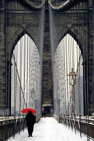 Brooklyn Bridge Meets Red White Modern Wood Framed Art Print with Double Matting by Cahill, Michael